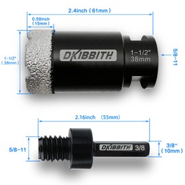 Dry Diamond Core Drill Bits 1-1/2 Inch Tile Hole Saws for Porcelain Ceramic Tile Granite Marble Stone Brick Hole Saw 38mm with 5/8-11 Thread Plus 3/8 Inch Hex Shank Adapter