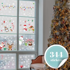 WALPLUS Christmas Window Stickers Clings Xmas Decoration Sale Clearance Reusable Double-Sided Print Decals for Glass Living Room Windows Display Santa Friends with Snowflakes 334 Pieces