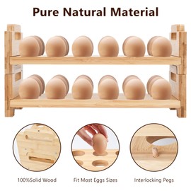 2-Tier Wooden Egg Holder - Egg Basket For Gathering Fresh Eggs, Layer Egg Tray Holder Countertop For 18 Eggs,Tier Egg Organizer For Farmhouse Kitchen Refrigerator Fits Duck, Turkey, Chicken Eggs