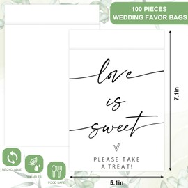 Whaline 100Pcs Clear Wedding Cookie Bag Love Is Sweet White Kraft Paper Treat Bags Self Adhesive Candy Goodie Bags for Party Favors Supplies