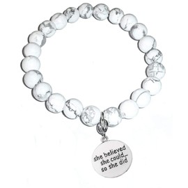 Howlite Natural White Stone Women's Stretch Bracelet, Inspirational Message Charm (She Believed She Could And So She Did)