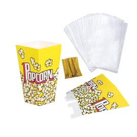 Popcorn Boxes 50PCS Popcorn Box Containers Cardboard Candy Boxes With Clear Popcorn Box Bags Popcorn Tubs Treat Boxes for Party Carnival Decorations (Yellow+Clear Bags, 3.5x2.2x6.3inch)