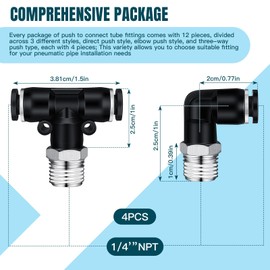 Yaocom 12 Pcs Push to Connect Fittings 1/4 Inch Tube OD x 1/4 NPT Air Line Pneumatic Fittings Thread Connector Pneumatic Kit, Elbow Straight Three Way Push Type