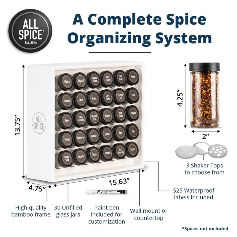 AllSpice Spice Rack Organizer, Wood, 525 Unique Labels, Countertop or