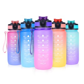 SUPPRUI Water Bottles with Straw,600ml Kids Water Bottle with time markings,Motivational Drink Bottles Leakproof and BPA-free (Purple)