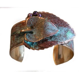 Elaine Coyne Collectible Artwear Verdigris Patina Wearable Art Double Leaf Cuff Bracelet - Amethyst, Charoite