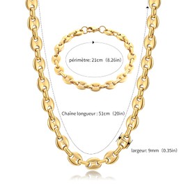 AFSTALR Men's Stainless Steel Necklace 6/9/11 mm Coffee Bean Chain Bracelet Set for Men Silver/Gold/Black 51/56/61 cm Hip Hop Necklace Plate Chain for Men, Stainless Steel, No Gemstone