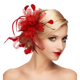dressfan Fascinator Hat Headpiece Womens Vintage Wedding Mesh Feather Hair Clip,20s 50s Headband Hair Accessories Headwear for Kentucky Derby/Wedding/Cocktail/Tea Party,Red