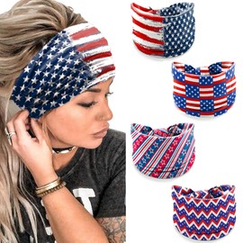 4 Pack July 4th Patriotic Headbands for Women - American Flag Star Spangled Banner Star Print Wide Bandana, Breathable Stretchy Non-Slip Hair Accessories for Yoga, Running, Party Celebrations