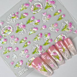 Flower Nail Art Stickers Decals Pink Yellow Blue Floral Nail Stickers 3PCS Exquisite Shiny Shell Light Tulip Flowers Nail Decals Spring Summer Flowers Sticker for Nails DIY Manicure Nail Decorations