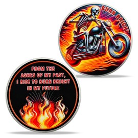 Skeleton Rider Sobriety Coin, AA NA Recovery Chip with Burn Bright Motto, Sober Token with Skull Biker Flame Design, Inspirational Medallion Gift for Addiction Alcohol Recovery