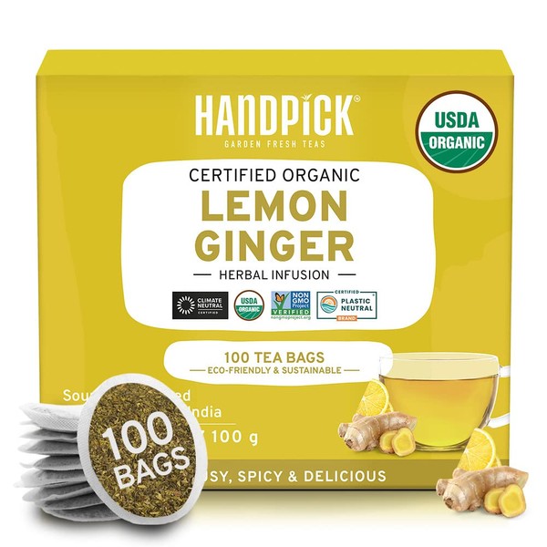 HANDPICK, Lemon Ginger Tea Bags (100 Count) Caffeine Free- Lemongrass, Licorice, Lemon, Ginger | Round Herbal Tea Bags | Brew Hot/Kombucha Tea or Cold Brew