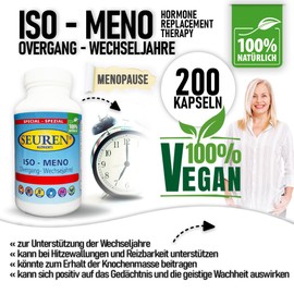 Seuren Nutrients | Iso Meno (Wechseljahre) 200 Kapseln Glutenfrei | Laktosefrei | Ohne Zusatzstoffe | Laborgeprüft | Vegan und Zuckerfrei (100% natürlich)