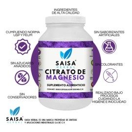 Citrato Magnesio 500 1000 Cápsulas Saisa Herbal Suplemento Alimenticio Anticalambres Energía Relajación Muscular