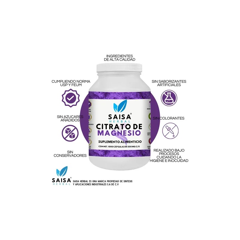 Citrato Magnesio 500 1000 Cápsulas Saisa Herbal Suplemento Alimenticio Anticalambres