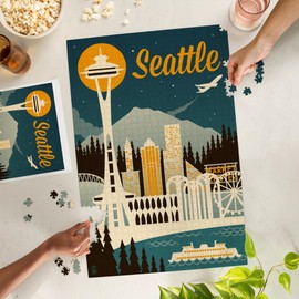 Lantern Press 1000 Piece Jigsaw Puzzle, Seattle, Washington, Retro Skyline