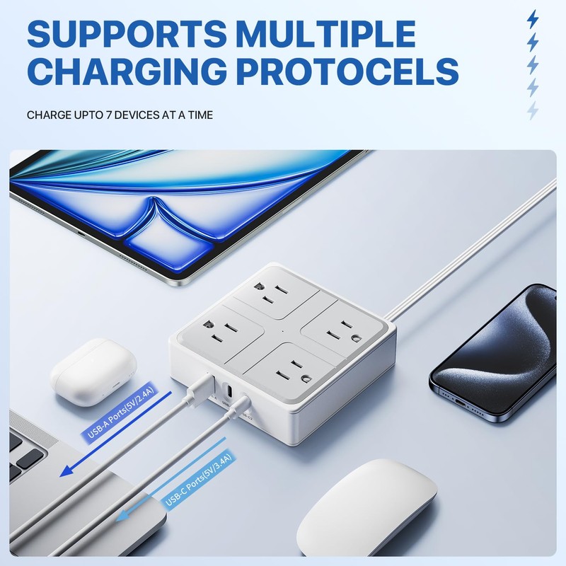 Flat Plug Power Bar with USB C, 4FT Ultra-Thin Extension