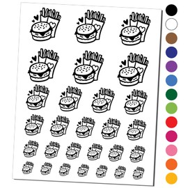Chicken Burger and Fries Fast Food Temporary Tattoo Water Resistant Fake Body Art Set Collection - Black (One Sheet)