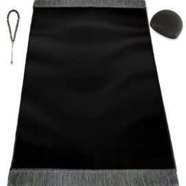 Kapobia Velvet Prayer Mat Set (Gemstone 33 Prayer Beads - Black Kufi Hat - Elegant Case) - Luxurious Velvet Texture Plain Prayer Rug for Home and Travel - Exquisite Islamic Gifts for Women and Men