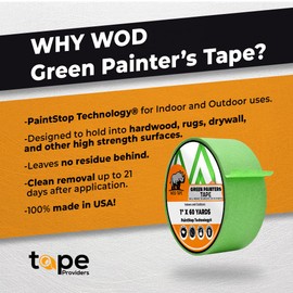 WOD PMT22G Multi-Surface Green Painter’s Tape –1" x 60 yds. Thick & Wide Masking Tape for Floors, Ceilings, Edge Finishing, Labeling, and Remodeling with Clean Removal