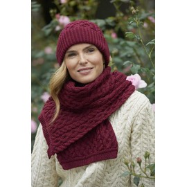 Aran Crafts Irish Cable Knitted Wool Trellis Pattern Merino Hat (X4841-Fush) Fushia