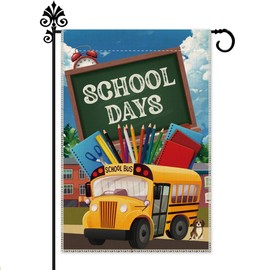 Hafhue Back to School Colorful Pencil Yellow School Bus Welcome Garden Flag, 12 x 18 Inch Double Sided Classroom Flag First Day to School Outdoor Exterior Porch Decoration, Back to School Garden Flag