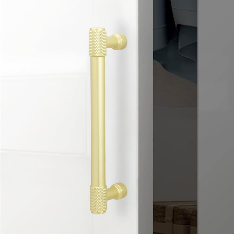 POVEFONK 10 Pack 5inch(128mm) Brushed Brass Kitchen Cabinet Handles Knurled
