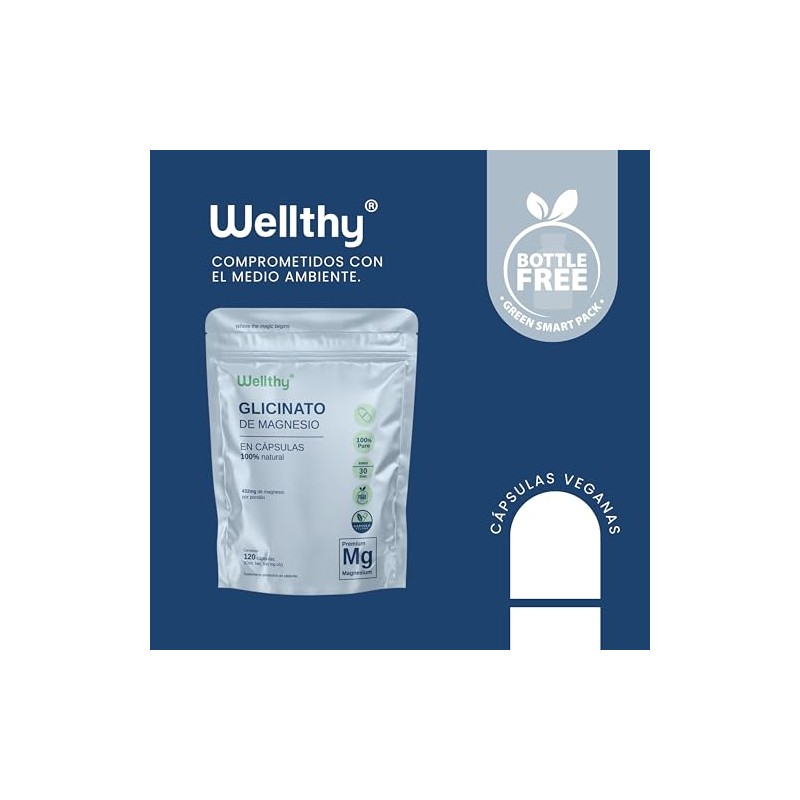 Wellthy Glicinato de Magnesio 120 Cápsulas. 432mg, 100% Natural, Alta