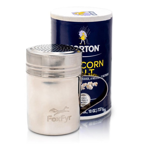 Popcorn Salt Bundle includes Morton Popcorn Salt and Stainless Steel Dredge Shaker By FoxFyr 10 Oz With Handle Ideal For Fine Grain Salt, Spice, Sugar, Flour - Professional-Grade Seasoning Every Time