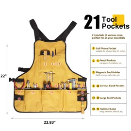 BRITEREE Work Tool Apron for Men and Women, Torso Length with 21 Tool Pockets, Durable Canvas Apron, DIY Enthusiasts, Gifts for Men Dad Father(Yellow)