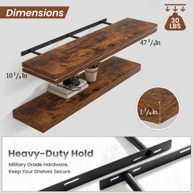 48" Floating Shelves for Wall,10.3" Deep Rustic Brown Wood Storage Wall Shelves with Heavy Duty Brackets for Bathroom,Bedroom,Kitchen,Living Room,Office,Set of 2