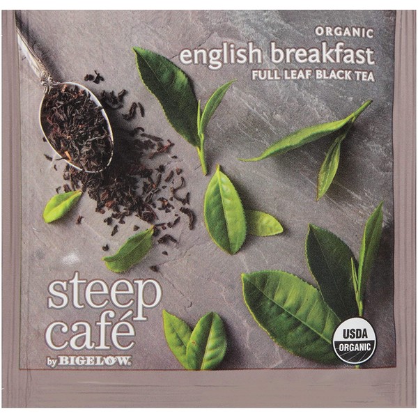 Steep Café Organic English Breakfast Black Tea, 50 Bags per Box, Single Source, Premium Whole Leaf Teas in a Sachet Pyramid Bag, Individually Wrapped in a Foil Pouch, Hot or Iced, by Bigelow Tea