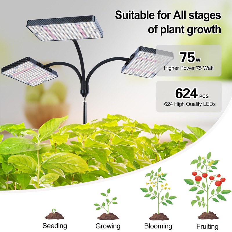 3Head 75W Standing Grow Lights for Indoor Tall Plants, Monstera