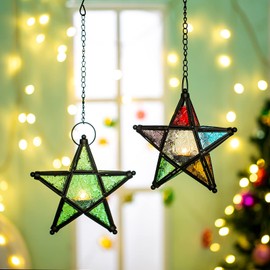 Glass Star Lantern Hanging Ornaments - Tea Light Lantern Window Hangings Living Room Patio Balcony Decoration Vintage, Green + Multi