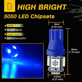 Qasim 194 Led Bulb Blue, T10 W5W 2825 158 192 168 194 Wedge 5-SMD 5050 Ultra Blue LED Light bulb Car Interior Lights 12V DC (Pack of 10)