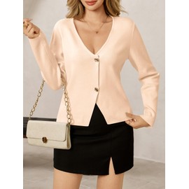 Saodimallsu Womens V Neck Cardigans Long Sleeve Button Down Cropped Knit Trendy Front Slit Dressy Casual Fall Sweater Blazers Apricot