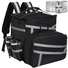 ZAVOOS Food Delivery Backpack, Expandable Insulated Pizza Bag with 4 Cup Holders, Large Waterproof Catering Bag with Reflective Strip Support Boards for Delivery Bike, Doordash