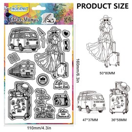 CHGCRAFT Travel Lady Clear Stamps Bus Train Transparent Stamps Camera Silicone Clear Stamp Seals for Carding Making DIY Scrapbooking Photo Album Decoration, 4.3x6.3 inch