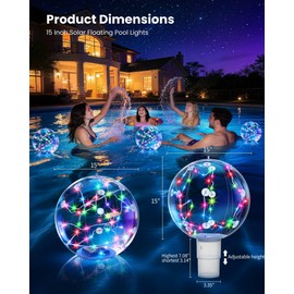 Powfloven 3 Pack Floating Pool Lights Solar Powered, 15" Inflatable Light Up Pool Balls, IP68 Waterproof 16 Colors LED Glow Balls for Pool, Patios, Outdoor Decor, with One Chlo-Rine Floater