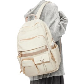 Aesthetic School Backpack for Women Men College Backpack With Lots Of Pockets Waterproof Travel Casual Daypack Cute Bookbag For Teens Girls Boys High School Bag(Beige)