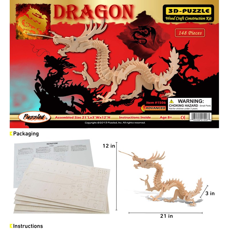 Puzzled 3D Puzzle Dragon Building Kit - Wooden Dragon Puzzle