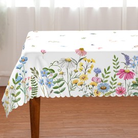 Spring Tablecloth 60x84 Inch Rectangular, Wild Flowers Seasonal Summer Table Cover Scallop Edge Picnic Table Cloth