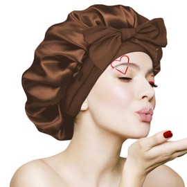 Silk Bonnet for Sleeping Women, Ajustable Hair Bonnet for Curly Hair with Tie Band Shower Caps Brown，Large
