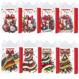 OFIHANLY 8 Pack 9" Small Size Merry Christmas Gift Bags with Handles for Xmas Holiday Presents Cute Paper Wrapping Bag with Tissue Paper for Kids