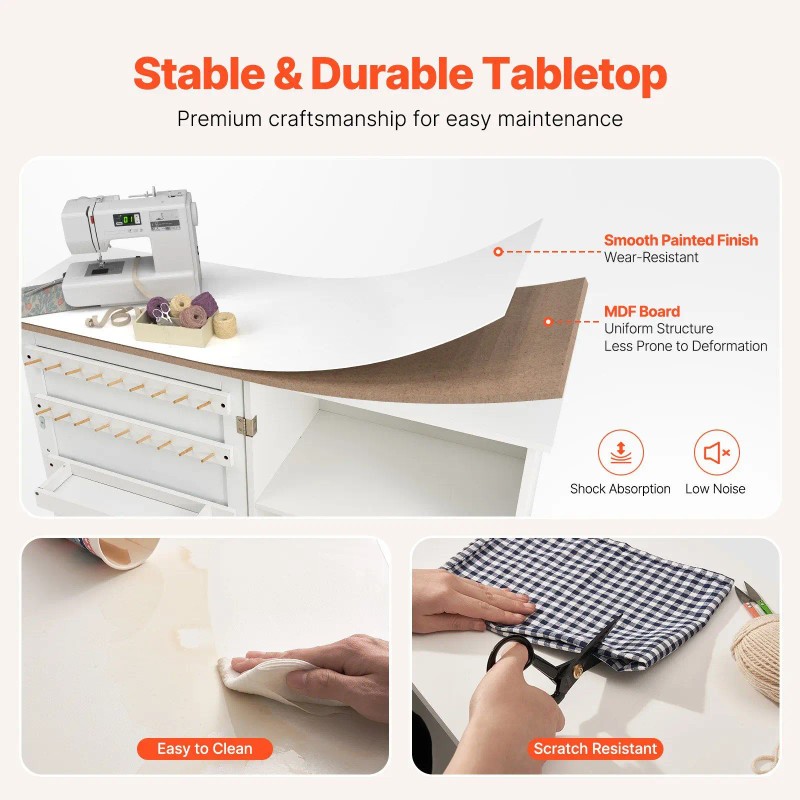 White Folding Sewing Table With Storage Shelves And Lockable Wheels
