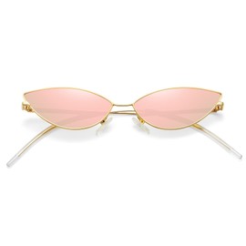 MEETSUN Retro Vintage Small Cat Eye Sunglasses For Women Men Narrow Small Oval Glasses Petals Shape Curved Temple Design - Gold/Pink