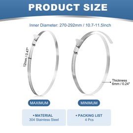 PATIKIL 11" Stainless Steel Hose Clamp, 4 Pcs 270-292mm (10.7-11.5Inch) Adjustable Thumb Screw Key Type Clamps Worm Gear Hose Clamp for Dryer Vent Dust Collector Automotive, Silver Tone