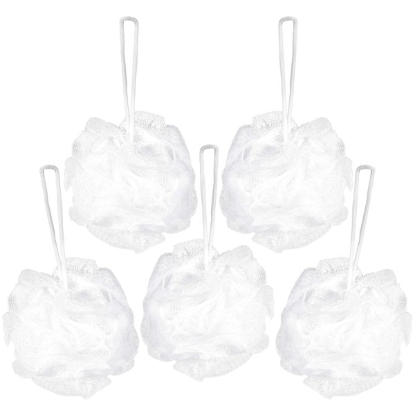 BRUBAKER Cosmetics - Bath & Shower Sponge - Exfoliating Body Pouf - with String for Hanging - 5 Pack - White