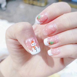 Christmas Square Press on Nails Short Square Winter Snowflake Fake Nails Nude Pink Cute Christmas Nails with Snowmen Tree Designs French Tip Acrylic Nails Glossy Artificial False Nails for Women 24Pcs