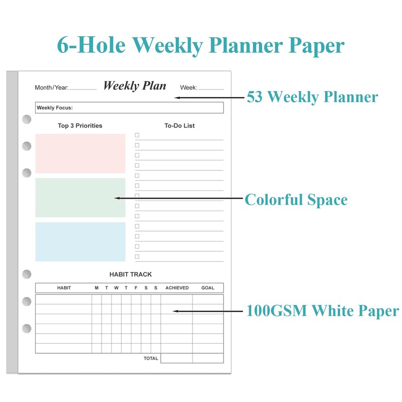 Weekly Planner Refills for A5 Binders - 53 Sheets/106 Pages